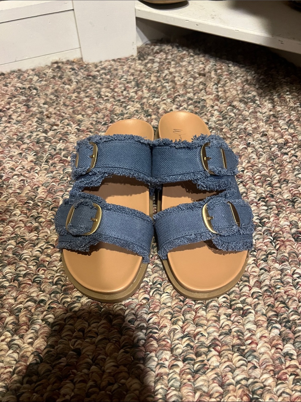 Boutique Frayed Denim Double-Buckle Slide Sandals - Blue